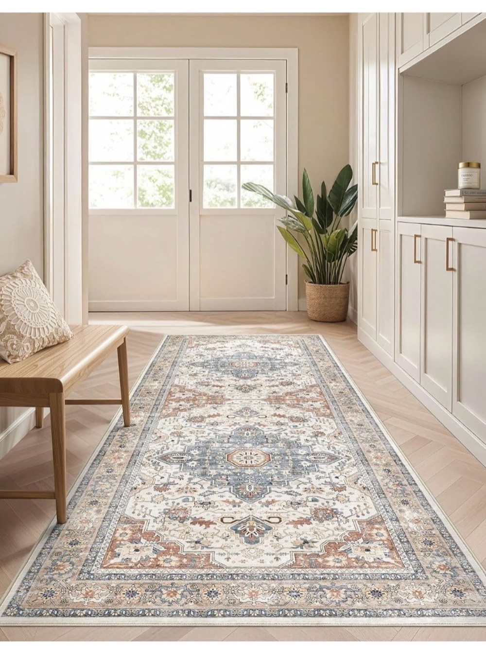 Classic Medallion Non-Slip Runner Rug in Cream, Blue, and Rust - Home Accent - Picture 3 of 11